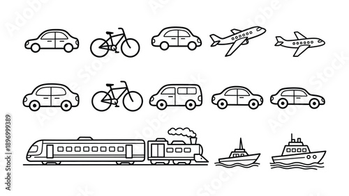 Vehicles Icons: A collection of simple vehicle icons representing various modes of transport, perfect for use in design projects or educational materials.
