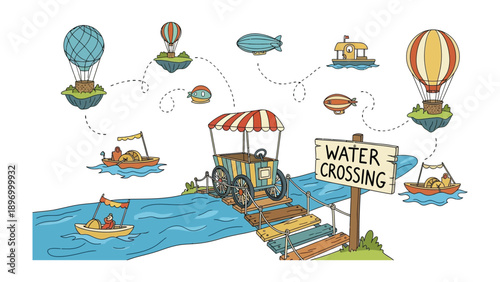 Journey Across the Imagination: An whimsical illustration where transport vehicles navigate the imaginative terrain by air, land, and sea. Capturing the spirit of exploration and adventure. 