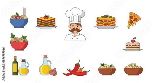 Collection of Italian food icons including pasta, lasagna, and pizza, with a chef character and essential cooking ingredients.