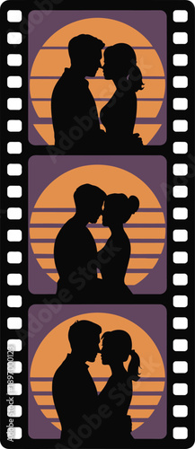 Retro 80s Film Strip with Romantic Couple Silhouette: Synthwave Sunset Vector.