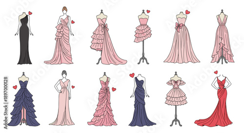 A collection of beautifully hand-drawn elegant evening gowns and prom dresses in various styles and colors on mannequins.