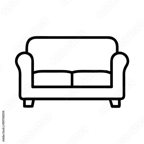 Simple black line icon of a sofa or couch on a white background, for interior design.