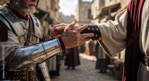 A moment of interaction between a roman soldier and a figure, in a historical scene, and the architecture style shows a place from long ago