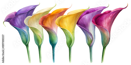 Vibrant multi colored calla lilies in a row