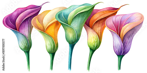 Vibrant watercolor painting of colorful calla lilies against a dark background