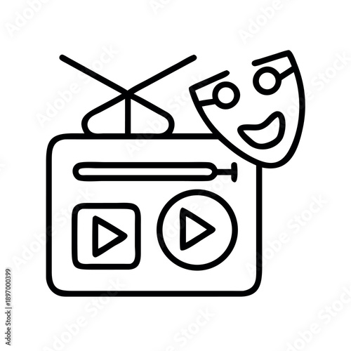 Outline illustration of a vintage radio with drama masks, symbolizing entertainment and media