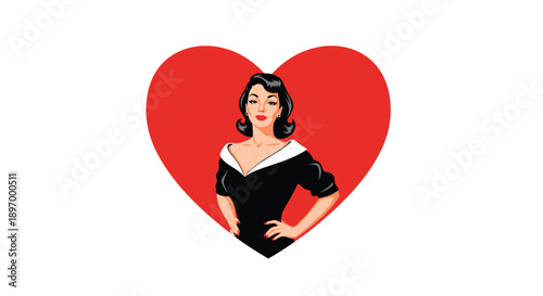 A beautiful retro pin-up woman with black hair and a classic black dress posing confidently inside a large red heart.