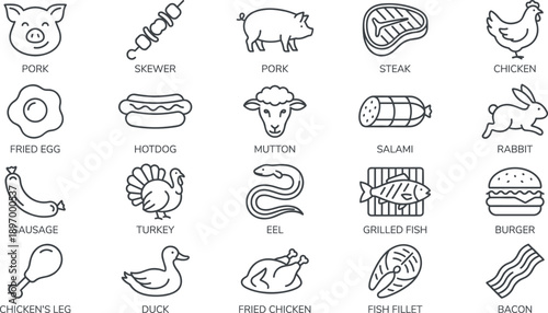 Meat and Seafood Line Icons Set, Pork, Beef, Chicken, Fish, Sausage, Burger, Steak, Bacon, Grilled Food Illustration Vector Outline Collection