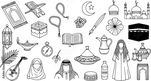 Islamic and Arabic Culture Black  White Line Art Doodle Set. Hand-drawn Vector Icons of Religious Symbols, Middle East Objects, Traditional Attire, and Prayer Items.
