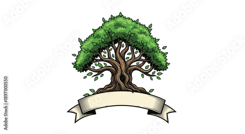 A detailed vintage-style illustration of a large, leafy oak tree with a blank ribbon banner for customizable text below.