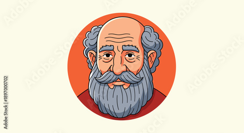 A cartoon-style avatar of a wise old man with grey hair, a large mustache, and a beard, set against a circular background.