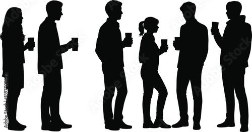 Silhouettes of diverse people holding cups and standing on white background woman group