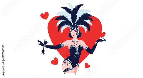 A beautiful retro-style burlesque dancer in a glamorous costume with feathers, posing in front of a large red heart.