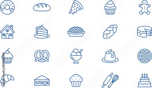 Bakery and dessert line icons set, bread cake pizza cupcake sweets food illustration for restaurant menu branding vector modern outline
