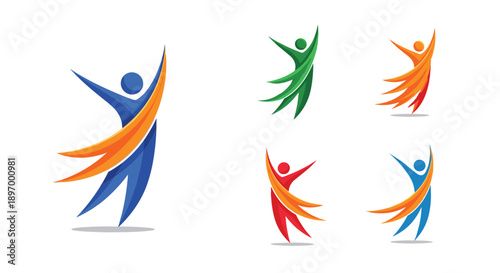 A set of colorful and abstract human figure logos in dynamic poses, symbolizing success, freedom, and a healthy lifestyle.