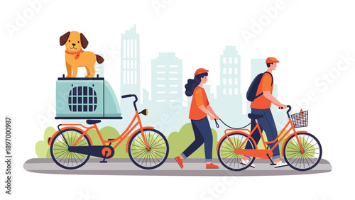 A Day Out: A couple strolls with their dog alongside bike-mounted carrier, enjoying a day in city. The scene captures the essence of shared moments and outdoor fun.