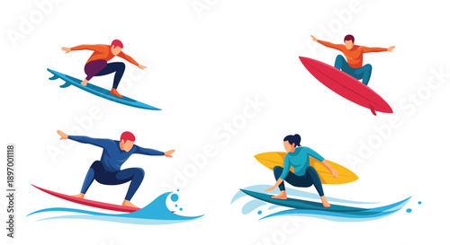 A set of dynamic vector illustrations showing male and female surfers in wetsuits riding ocean waves on their surfboards.