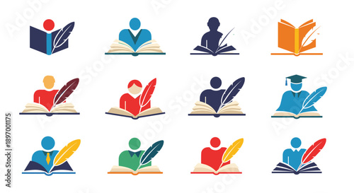 A diverse set of colorful logo icons for education or writing, featuring abstract figures with books and quill pens.