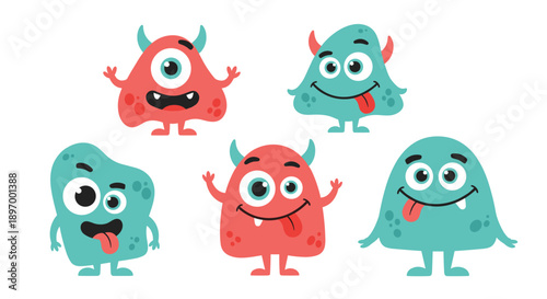 A cute and colorful collection of five friendly and funny cartoon monsters with silly faces, horns, and one eye.