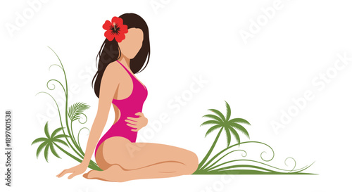 A beautiful woman in a pink swimsuit with a hibiscus flower in her hair, sitting among tropical plants and palm trees.