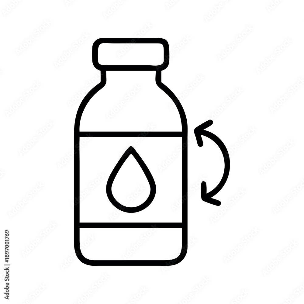 Fototapeta premium Simple outline icon of a dropper bottle with a liquid drop symbol and rotation arrows, representing dispensing or mixing