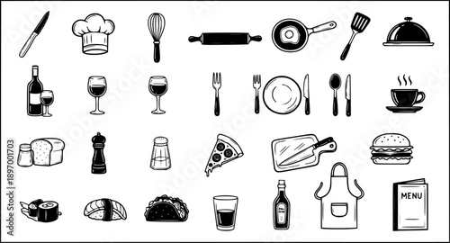 Black and White Line Art Food and Kitchen Icons: Chef Hat, Utensils, Drinks, Food Items, Cooking Equipment, and Menu