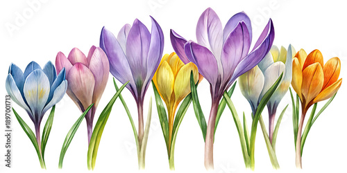 Vibrant crocus flowers in bloom displaying a spectrum of colorful spring hues