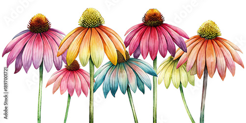 Vibrant coneflowers in a field display a spectrum of colors against a dark background