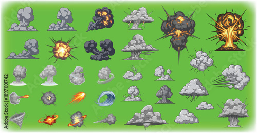 Cartoon explosion and smoke effects set isolated on green screen background for game animation assets