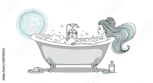 An elegant line art illustration of a beautiful woman with long flowing hair relaxing in a vintage clawfoot bathtub full of bubbles.