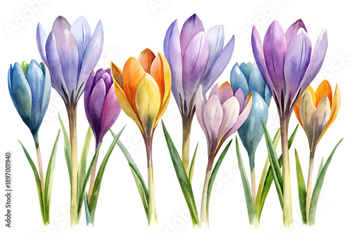 Vibrant crocus flowers in a variety of colors blooming against a dark background