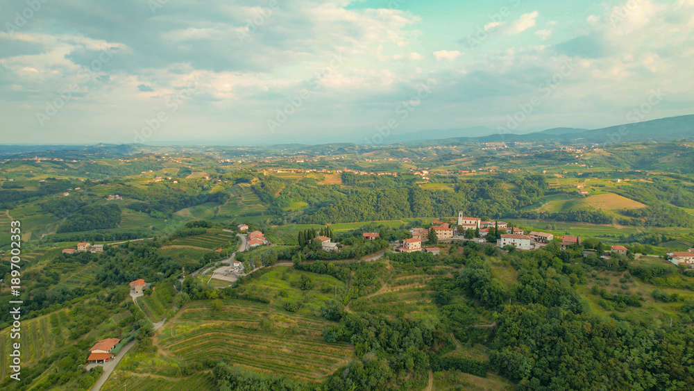 Fototapeta premium AERIAL: Beautiful village on top of small hill in the embrace of wine country