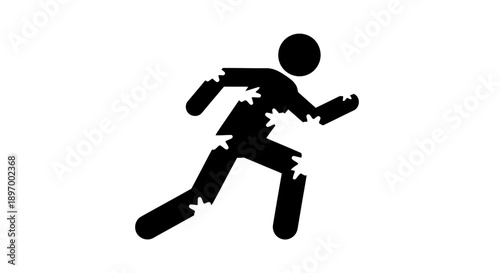 Running man icon with torn clothing symbolizing struggle.