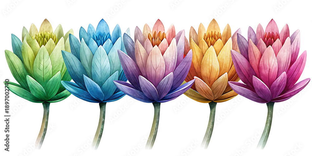 Fototapeta premium Vibrant colorful lotus flowers in a row against a dark black background
