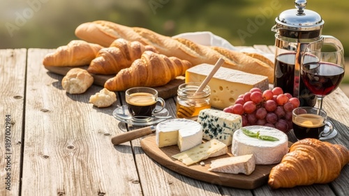 French Breakfast Spread with Coffee, Croissants, Cheese, and Bread Outdoors