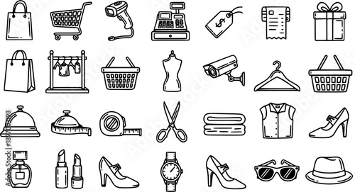 Black and White Line Art Icons of Retail and Shopping Objects - E-commerce, Fashion, and Store Essentials