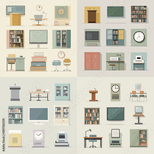 Modern classroom and study room furniture collection in flat design. School desks, chalkboards, bookshelves and educational interior elements isolated on background.