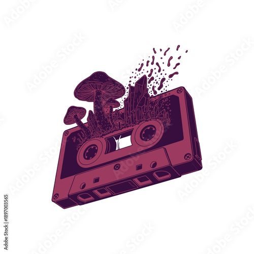 Psychedelic mushrooms growing from a vintage cassette tape.