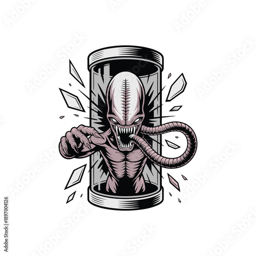 Scary alien creature escaping from a glass container.