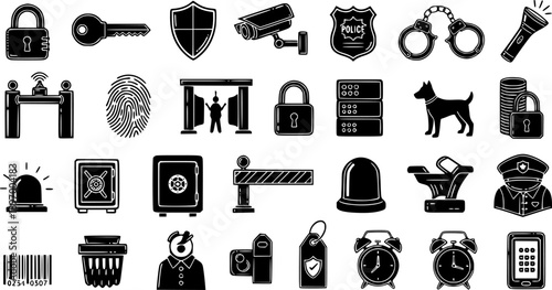 Security Icons: Padlock, Key, Shield, Camera, Dog, Safe, Police, Handcuffs - Black and White Glyph Set