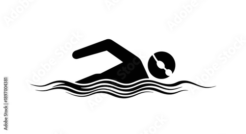 Silhouette of a person swimming in wavy water.