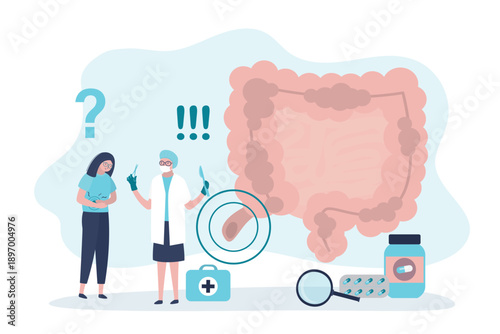 Inflamed appendix. Sick woman discusses treatment with doctor. Diagnosis and removal of patient with appendicitis. Surgeon and patient, diseased internal organ. Healthcare
