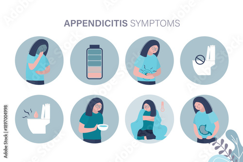 Girl stomach ache because to appendicitis. Internal organ, anatomy. Infographic about appendicitis inflammation symptoms.