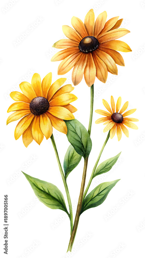 Naklejka premium Watercolor painting of three vibrant black eyed susan flowers with green leaves on black background