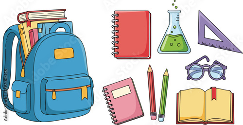 School supplies set with backpack, books, notebook, pencils, glasses and laboratory flask, colorful vector illustration isolated on white background