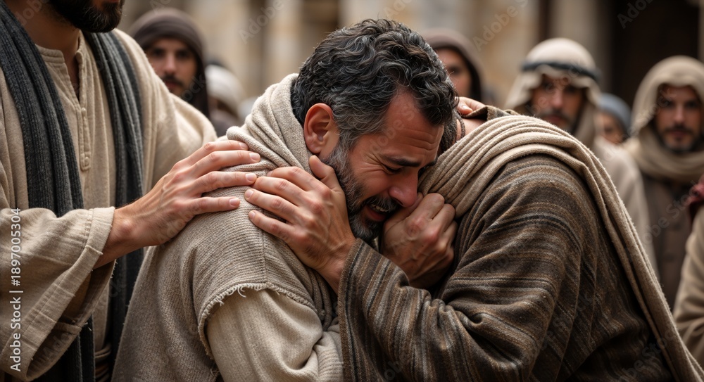 Fototapeta premium A tender moment of empathy, compassion, and support. Two men embracing each other, surrounded by onlookers. It conveys strength, understanding, and shared burdens