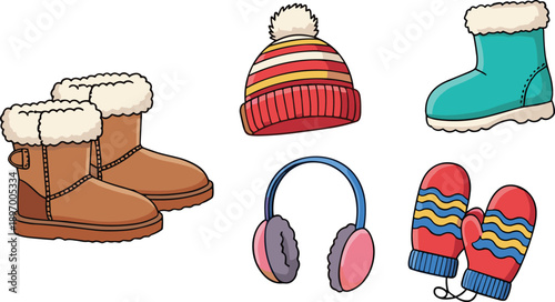Winter clothing set with boots, hat, earmuffs and mittens, cute vector illustration isolated on white background, seasonal fashion accessories 