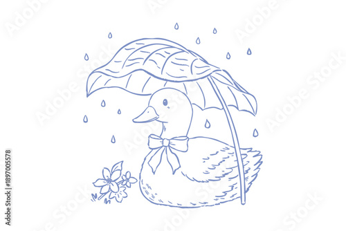 Spring goose cute duckling sheltering from the rain under a large leaf, charming handdrawn sketch style illustration for childrens coloring books or nursery decor