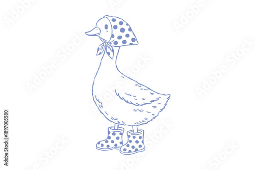 Spring goose charming line art illustration of a goose wearing a polka dot head scarf and matching rain boots
