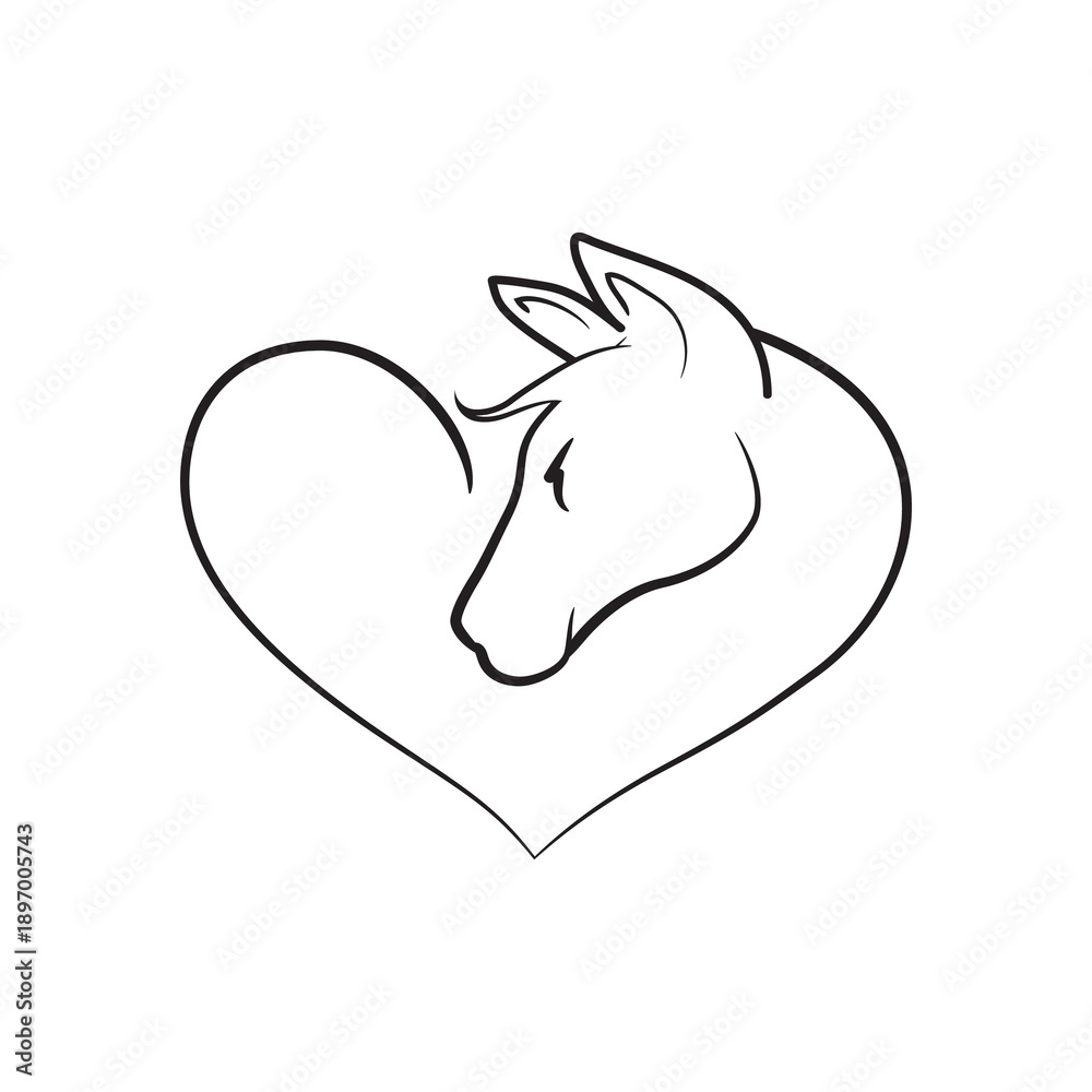 Obraz premium Horse head heart silhouette, heart horse outline simple vector drawing vector illustration